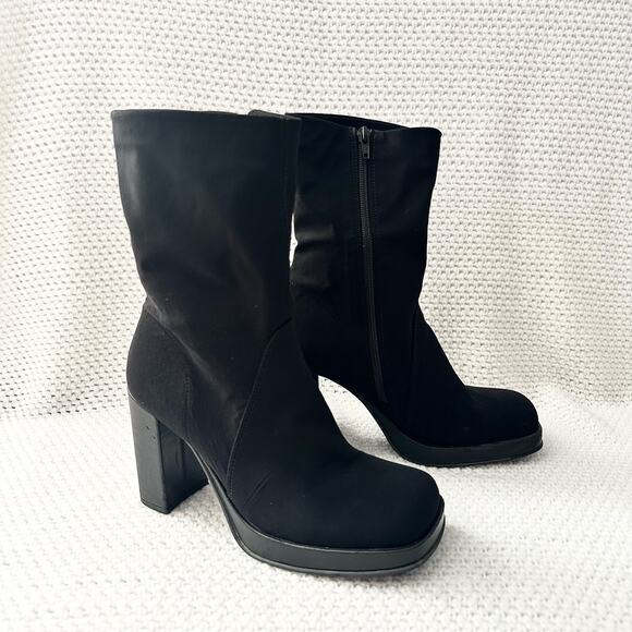 Mia Vintage Black Nylon Stretch Square Toe Platform 90s Y2K Mid Calf Boots 9 - Picture 2 of 13